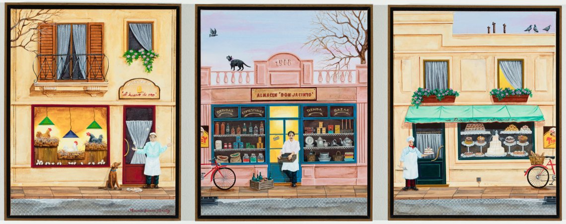 three pencil crayon drawings of the front of different stores