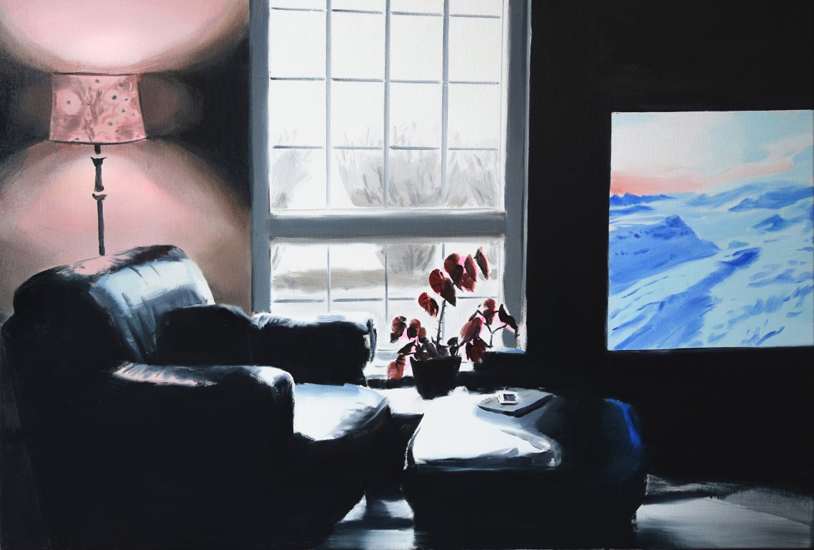 Realistic oil painting of a room in semi-dim light. A lamp emits pink light over an armchair and a window allows more natural light to seep in.