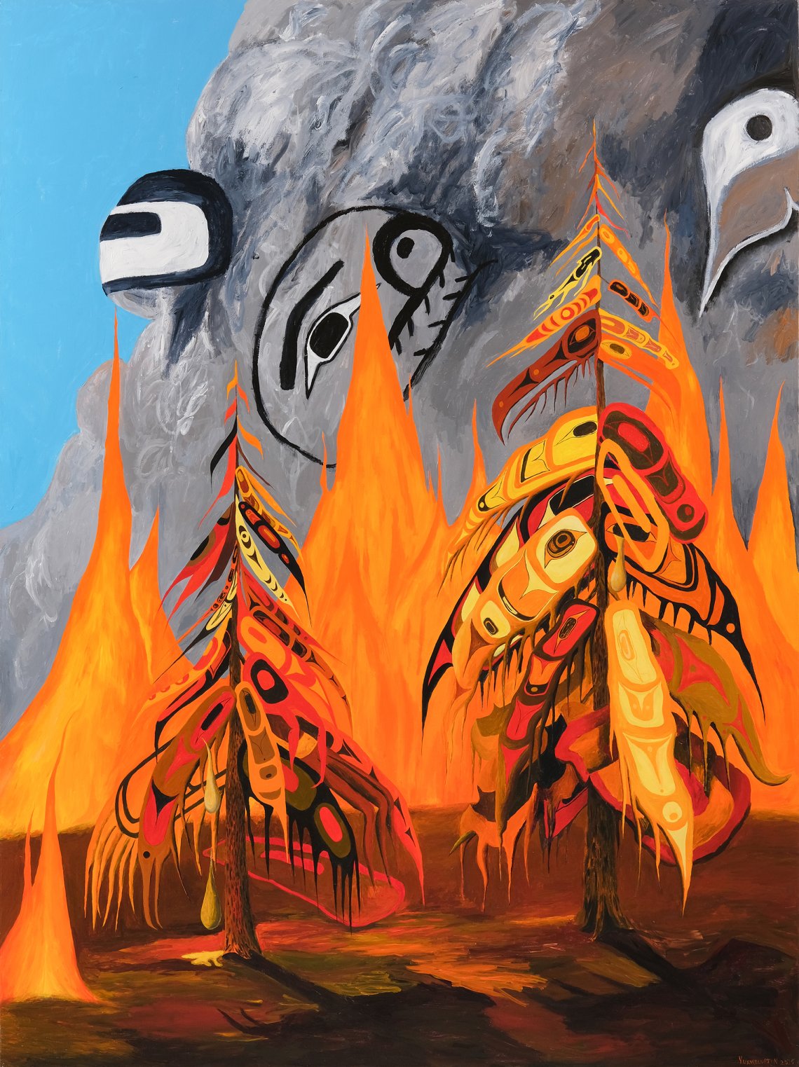 Abstract painting of trees composed of ovoids burning with dark grey smoke and a blue sky background