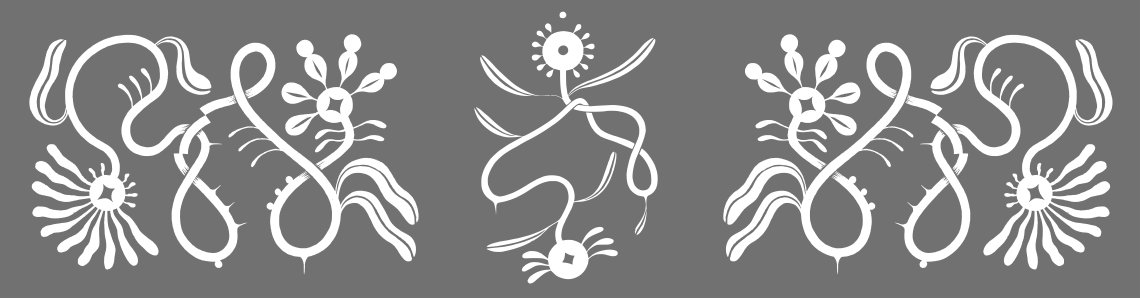 The image shows a repeating pattern of stylized, abstract floral elements on a gray background. The white forms are reminiscent of plants or microorganisms, with looping stems, petal-like structures and small, circular centers.