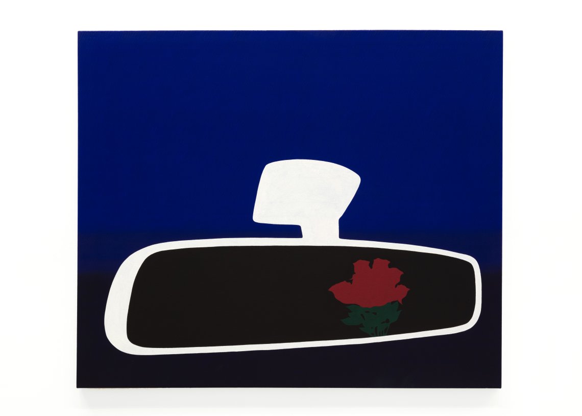 A painting with a dark blue to black background. The aesthetic is very minimal in the foreground containing a white outline of a rearview mirror with a black reflection and red flower