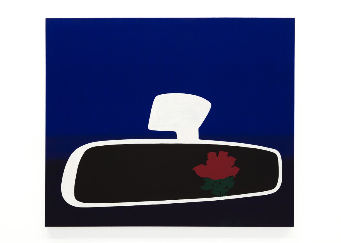 A painting with a dark blue to black background. The aesthetic is very minimal in the foreground containing a white outline of a rearview mirror with a black reflection and ref flower