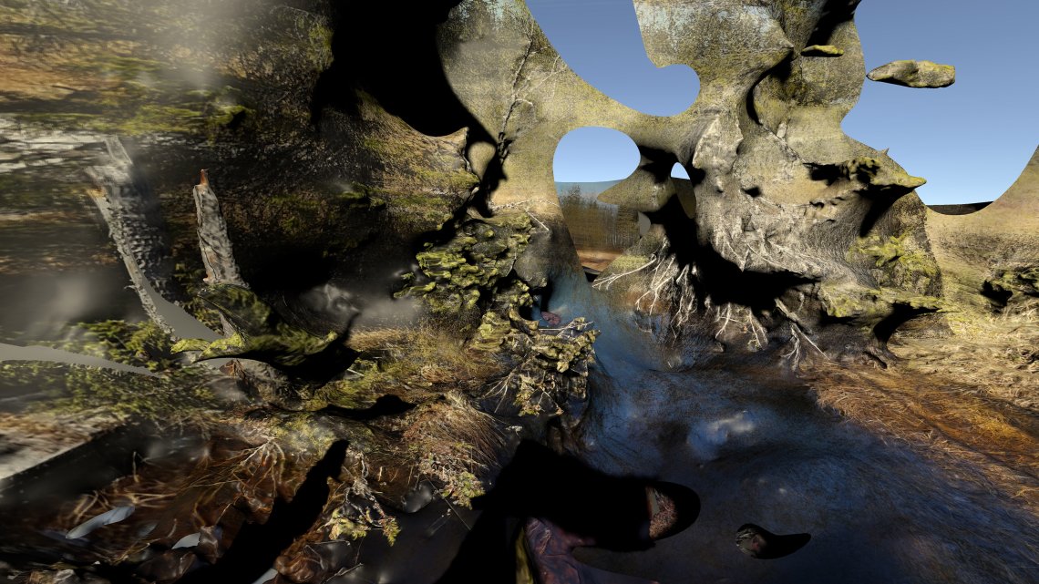 Digital rendering of floating nature-based textures floating against a sky background
