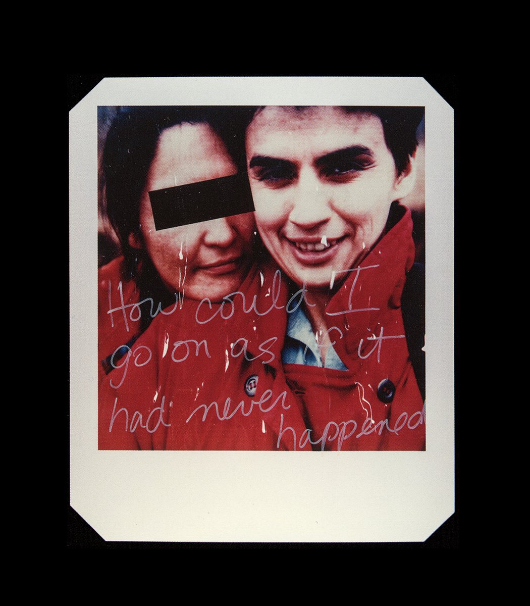 Polaroid image of Rosalie Favell with another individual that has their eyes censored.