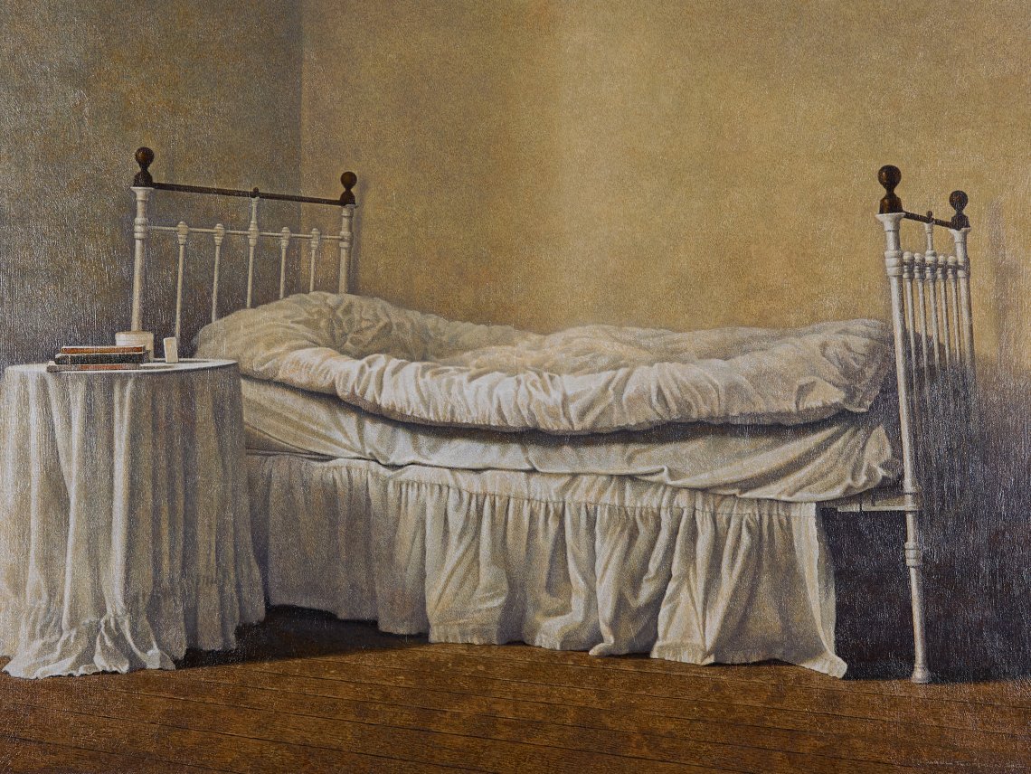 Painting of a traditional metal bedframe draped with white bed clothes