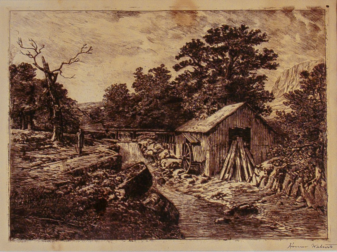 Sepia etching of a farm yard scene with animals
