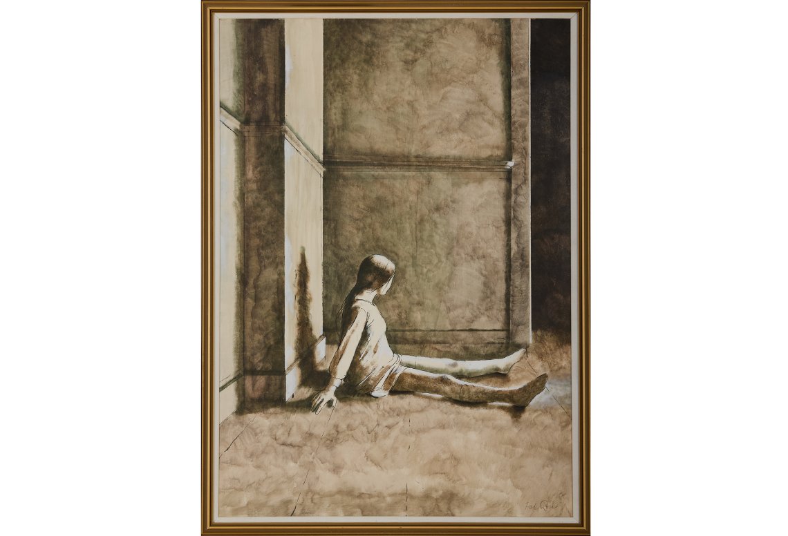Figure of a young child sitting on a floor in a hallway, Casein tempera on paper