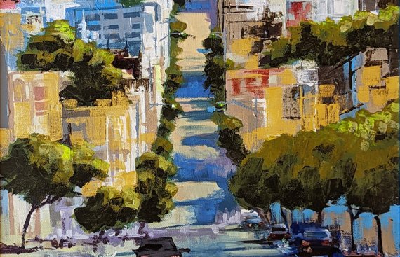 Painting of a long street extending to a distant blue horizon with sun-dappled buildings, trees and cars to either side of the road