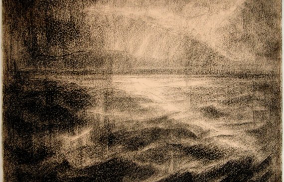 charcoal drawing of an ocean view