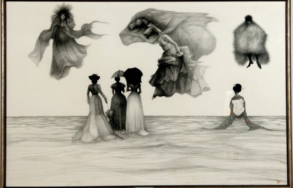 black and white drawing of three women in the sky, one in the middle has a horse head and four more women standing on the grown below them, on holding  parasol, one looking like a geisha