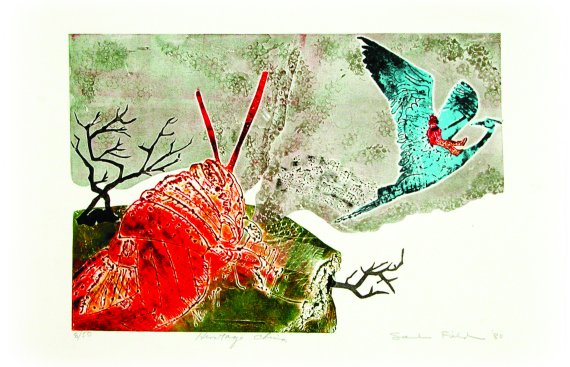 a print of a blue bird flying away with a person on its back from a large lobster.