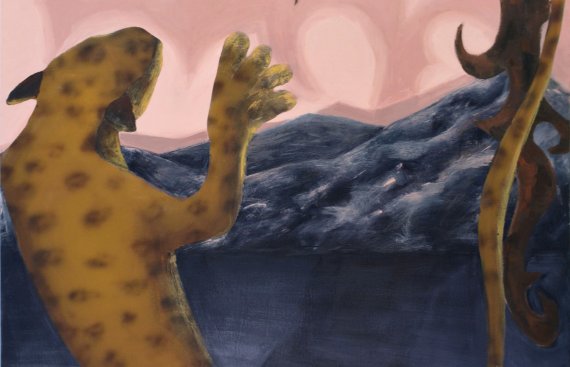 painting of a leopard jumping up at a red moon. Dark grey clouds and a dead tree are in the background 