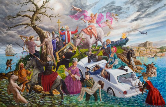 large group of people crowding an island in old courtier clothing and a sinking white car on the side of the island