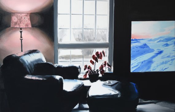 Realistic oil painting of a room in semi-dim light. A lamp emits pink light over an armchair and a window allows more natural light to seep in.