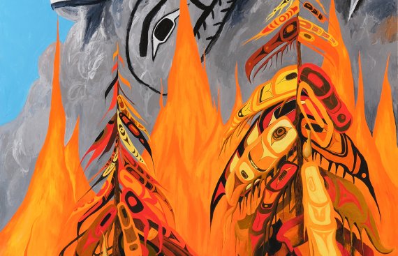 Painting of a forest of ovoid-patterened trees burning with a background of dark smoke and a blue sky
