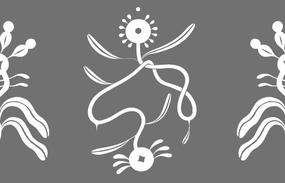 The image shows a repeating pattern of stylized, abstract floral elements on a gray background. The white forms are reminiscent of plants or microorganisms, with looping stems, petal-like structures and small, circular centers.