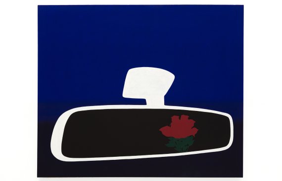 A painting with a dark blue to black background. The aesthetic is very minimal in the foreground containing a white outline of a rearview mirror with a black reflection and ref flower