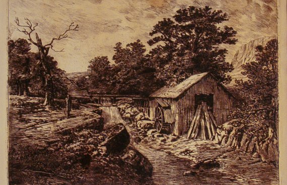 Sepia etching of a farm yard scene with animals