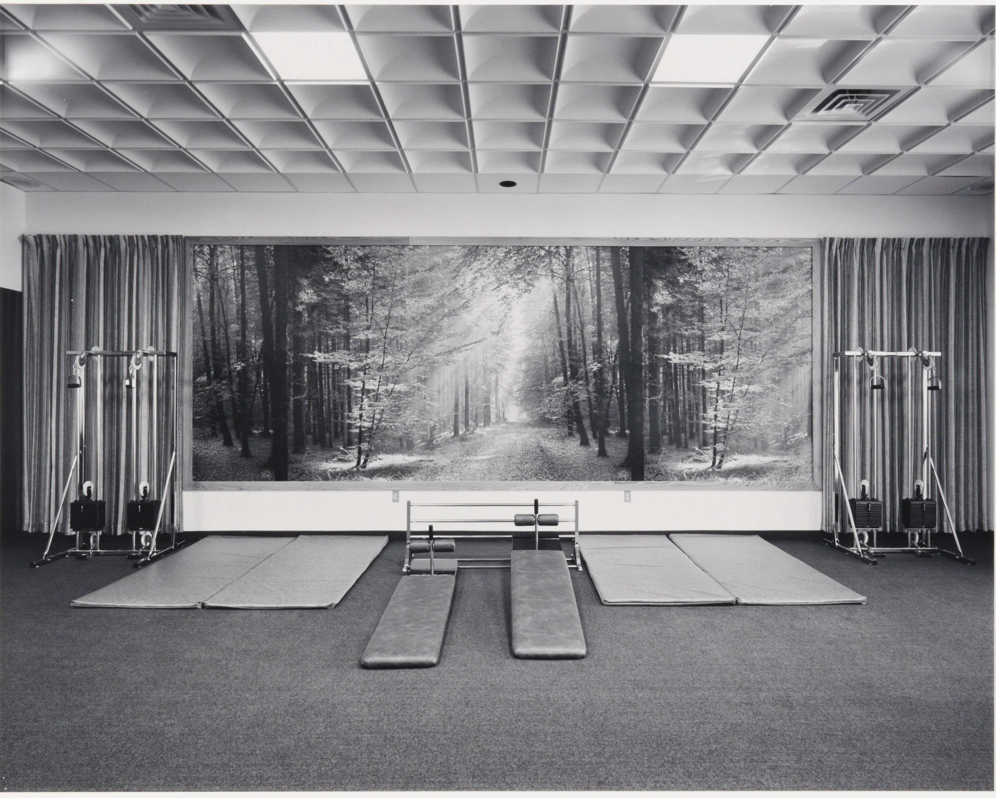 Lynne Cohen photograph of a low-ceilinged fitness club interior with gym mats and weight racks arranged along a wall covered with a forest photomural