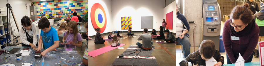 A series of three photos showing volunteers helping children with art activities in the studio and family yoga in a gallery displaying large abstract paintings