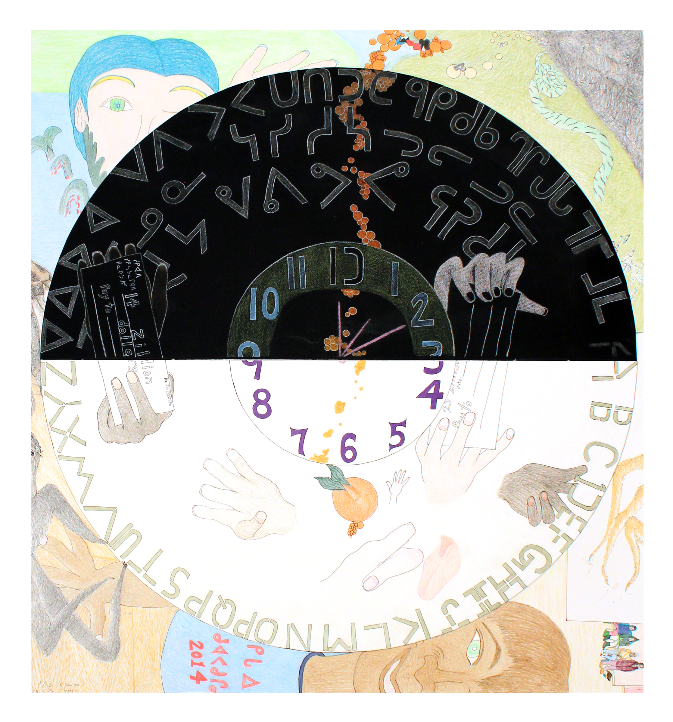 Shuvinai Ashoona's Composition (Clock) is a coloured pencil drawing featuring a large circular form split between black upper and white lower sections marked with Inukitut syllabics and Arabic numerals, surrounded by soft coloured drawings of the sea goddess Sedna and other figures