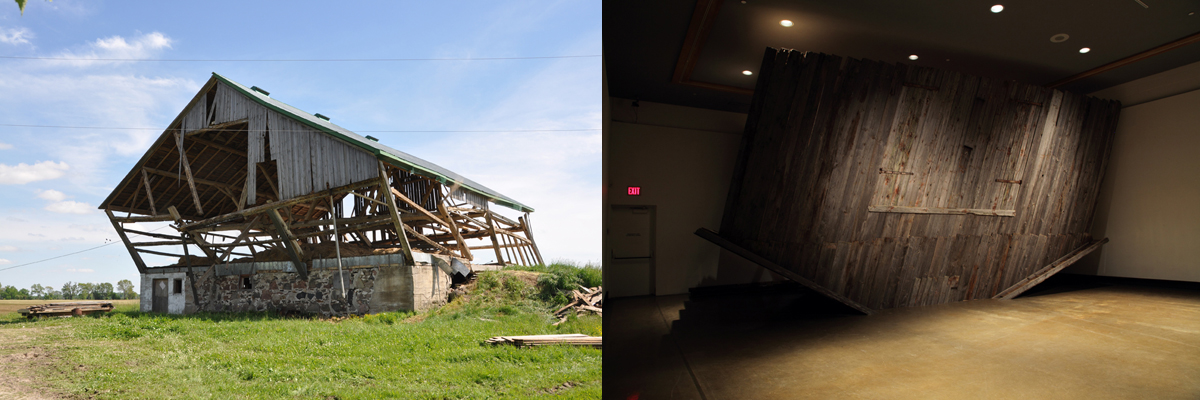 A pair of photographs showing a wood barn in the process of collapse in a green field, and an installation view of a smaller barn built upside-down in a dark gallery