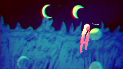An animated film still of a figure moving through a dark neon-lit landscape