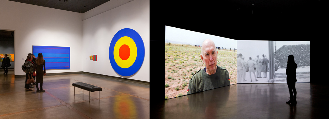 Two photographs showing people in a gallery with large abstract paintings, and a solitary visitor standing in front of the large dual projection of Mary Kavanagh's video Trinity 3 in a dark gallery space