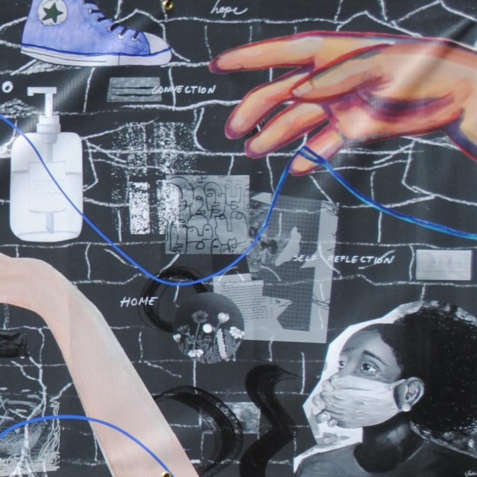 Detail of mural artwork featuring hands and a young Black girl wearing a facemask
