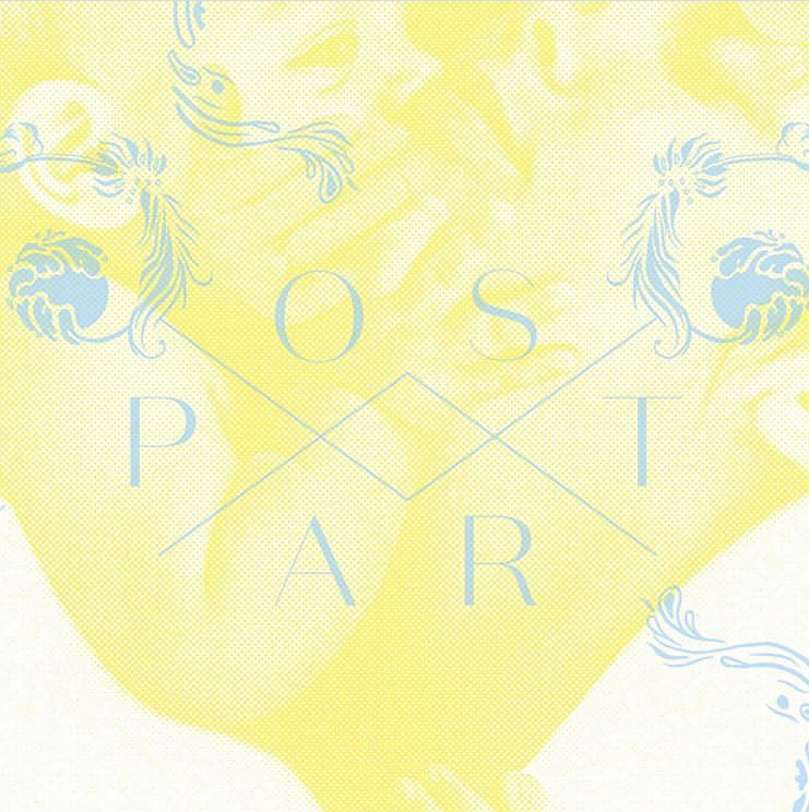 Blue and yellow graphic for Post Part, with text overlaid over a faint image of a mother and her infant