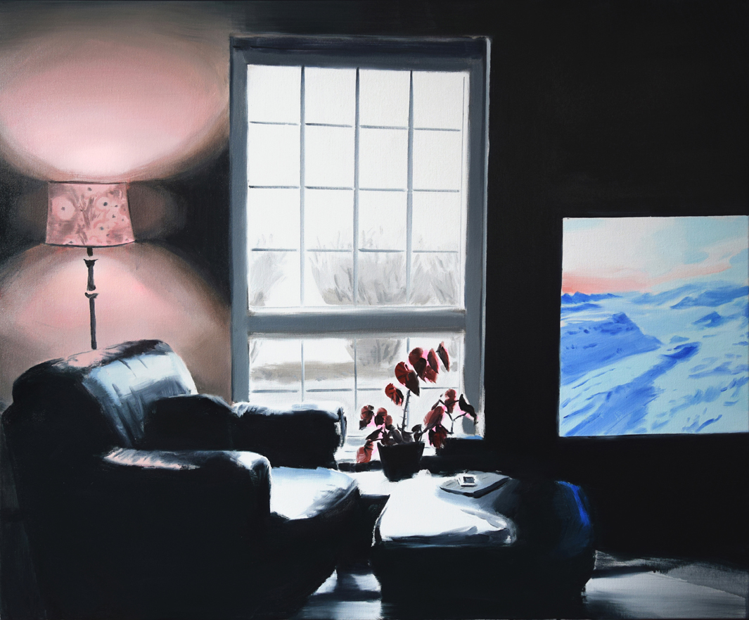 Amanda Rhodenizer's Casual Frontier is a painting of a dark living room interior dominated by a large black leather chair and ottoman, with stark lighting from a tall window and a TV screen showing a glimpse of snowy landscape