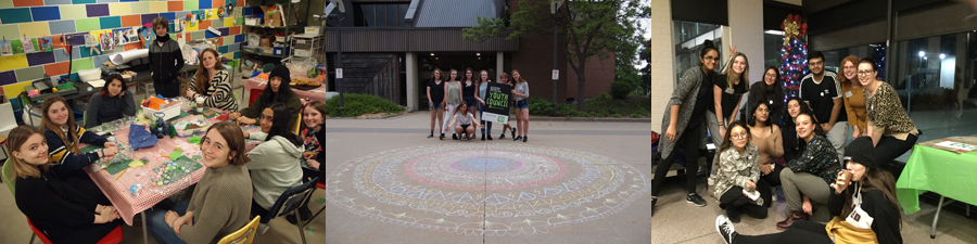 Series of three photos showing groups of teenagers working on art projects in the studio, standing behind a large chalk mandala in the Gallery forecourt, and posing in front of a Christmas tree at a holiday party