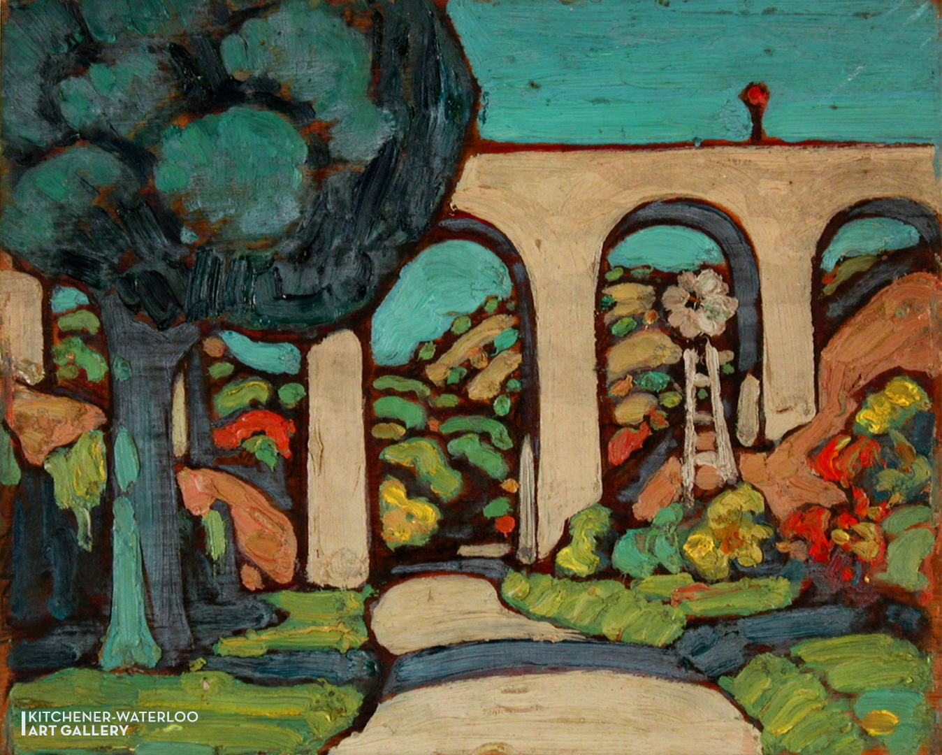 George Douglas Pepper painting of a viaduct bridge in a landscape painted in bright colours
